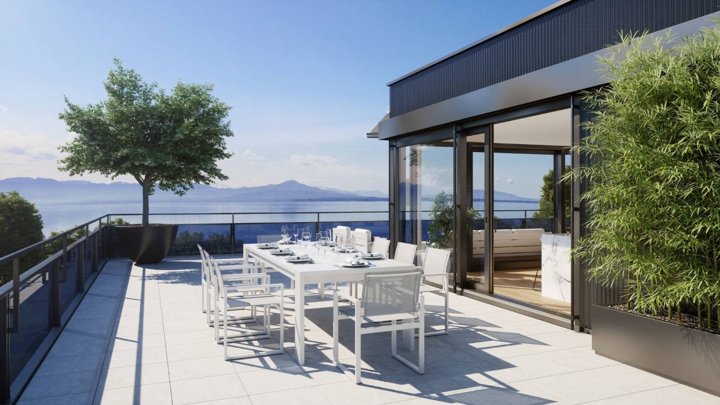 UNIQUE! Attique de 5.5 pièces de 146m2 bénéficiant d&rsquo;un rooftop terrasse de plus de 200m2 avec vue panoramique sur le lac et les Alpes